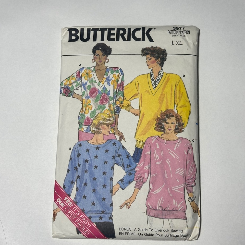 Butterick 3977 Sewing Pattern Misses L-XL Multi-Color 1986 Vintage Pullover Top